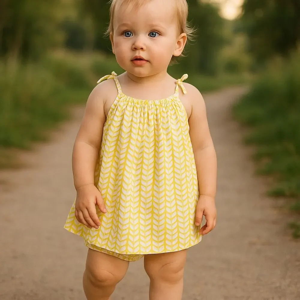 kit‎ + lili Girls Dress Size 12-18 Mo Yellow White Leaf Print Bloomers NEW